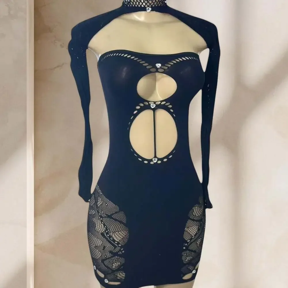 Black Cutout Mini Dress β Long Sleeve Choker Bodycon Rhinestone Detail Sexy Y2K - Picture 2 of 4